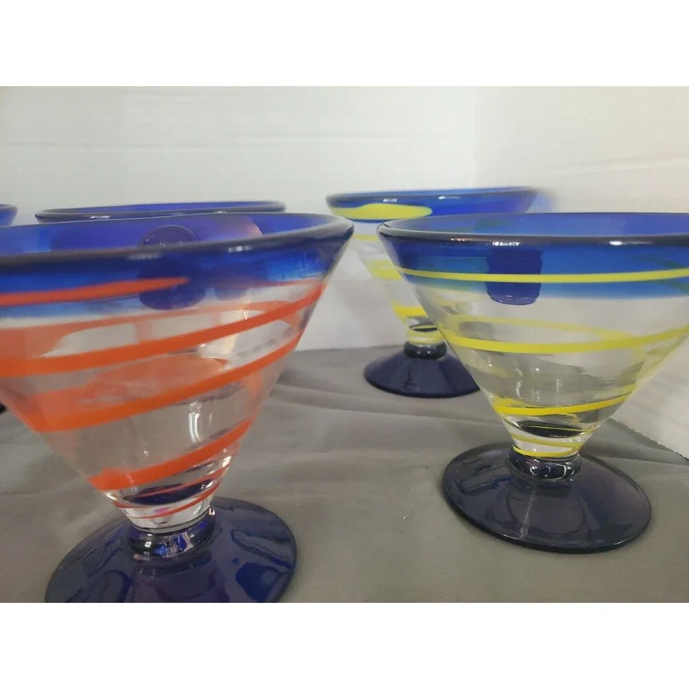 7 Vtg Royal Caribbean Cobalt Blue Swirl Blown Glass Dessert-Margarita Cruise